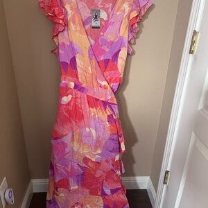 Floral Wrap Dress in Pink and Orange